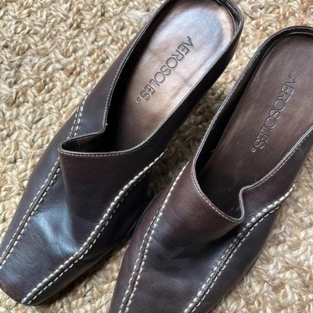AEROSOLES Dark Brown Leather Slip-On Mules with Contrast Stitching - Picture 5 of 5